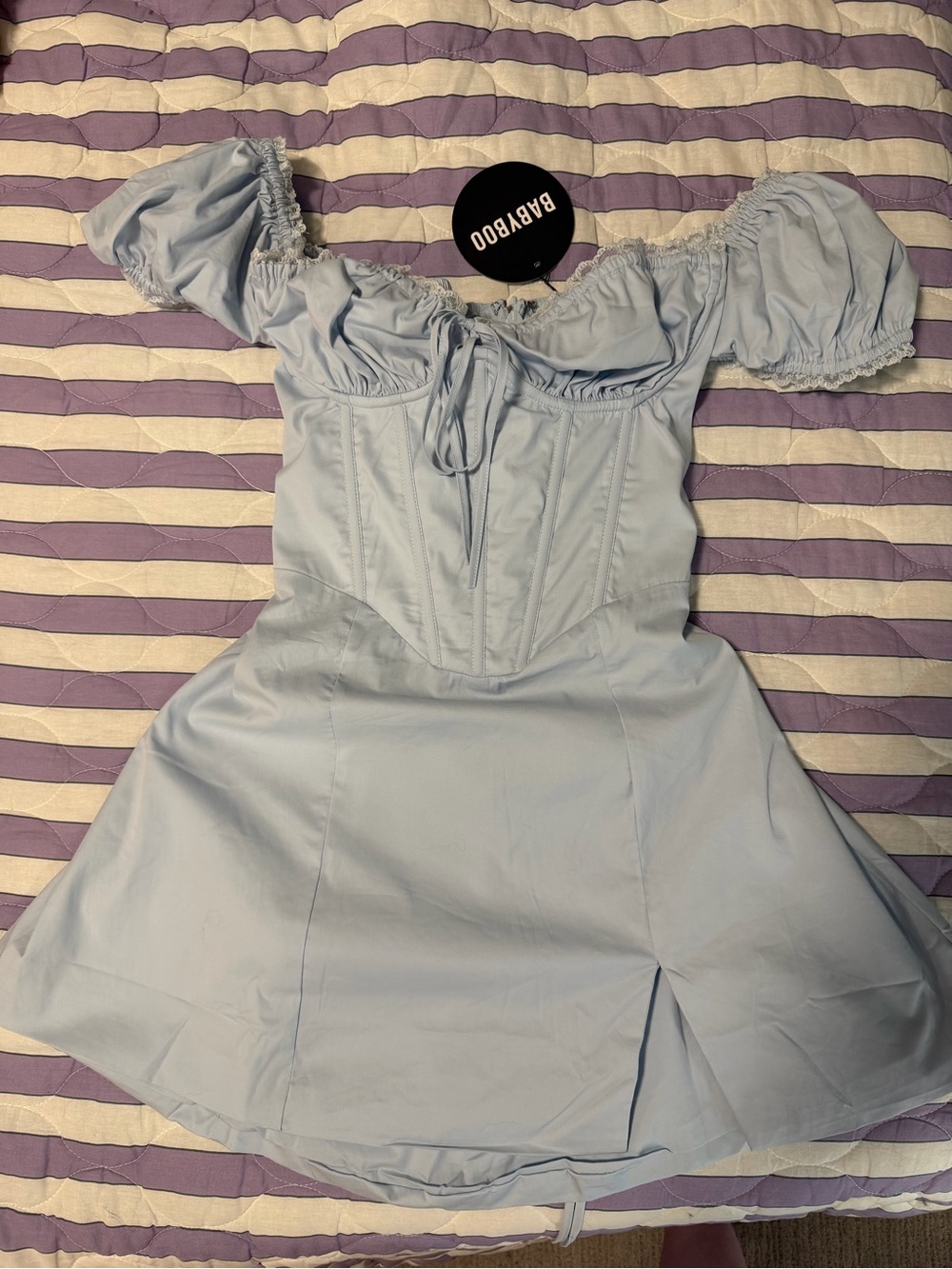 NWT Babyboo Caitlyn Blue Corset Puff Sleeve Mini Dress S